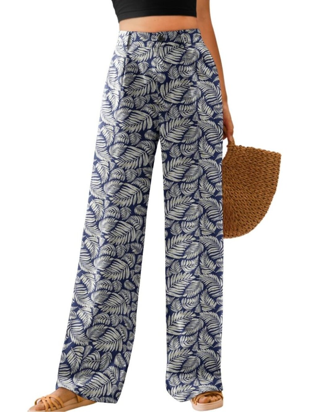 Women's Dark Blue Palm Leaf High Waisted Button Down Straight Wide Leg Pants